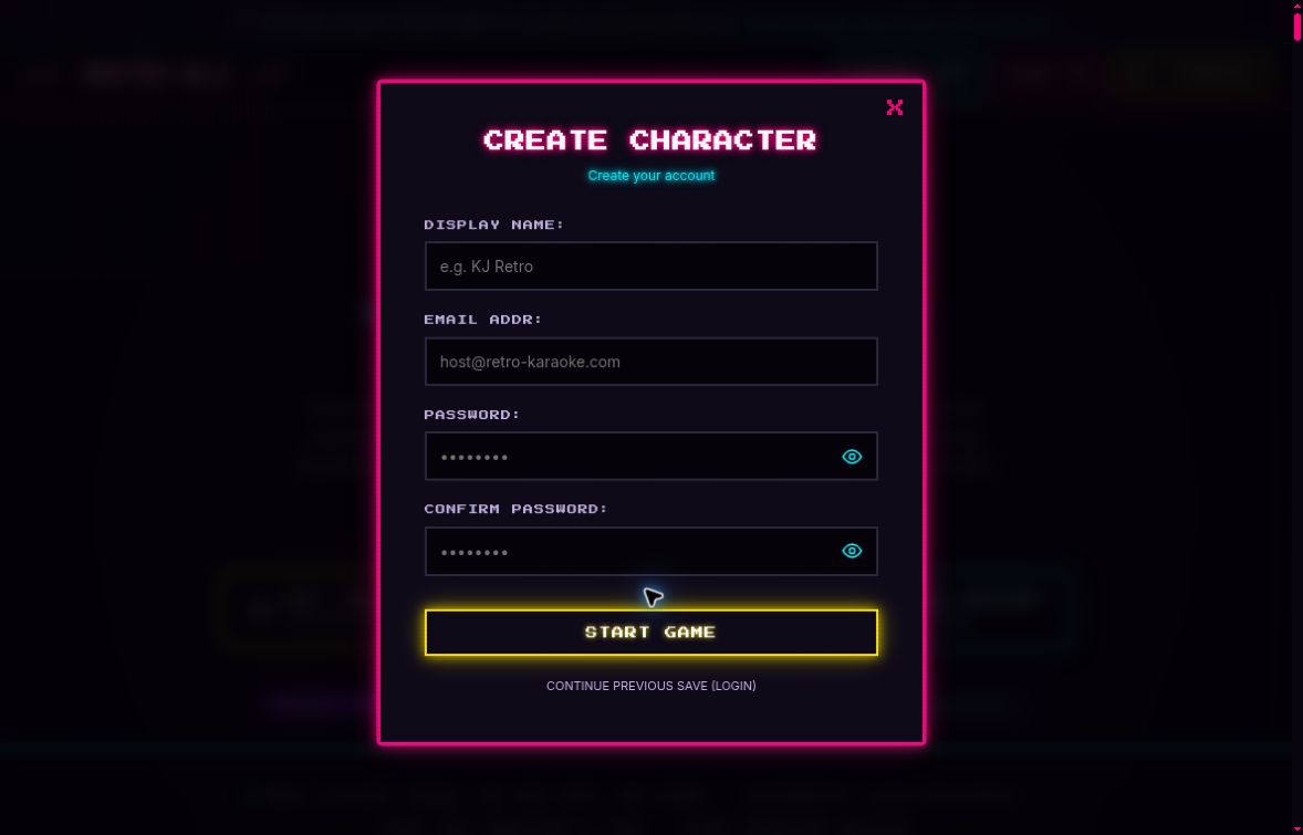 CREATE CHARACTER includes Password and Confirm Password, with show/hide controls.