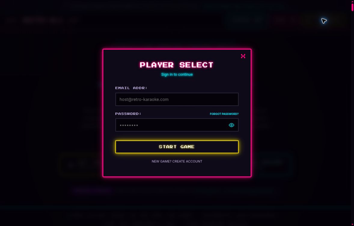 PLAYER SELECT is the sign-in screen. NEW GAME? CREATE ACCOUNT opens registration.