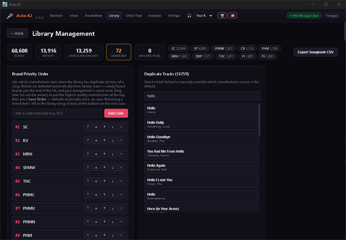 Auto-KJ Library Management tab overview